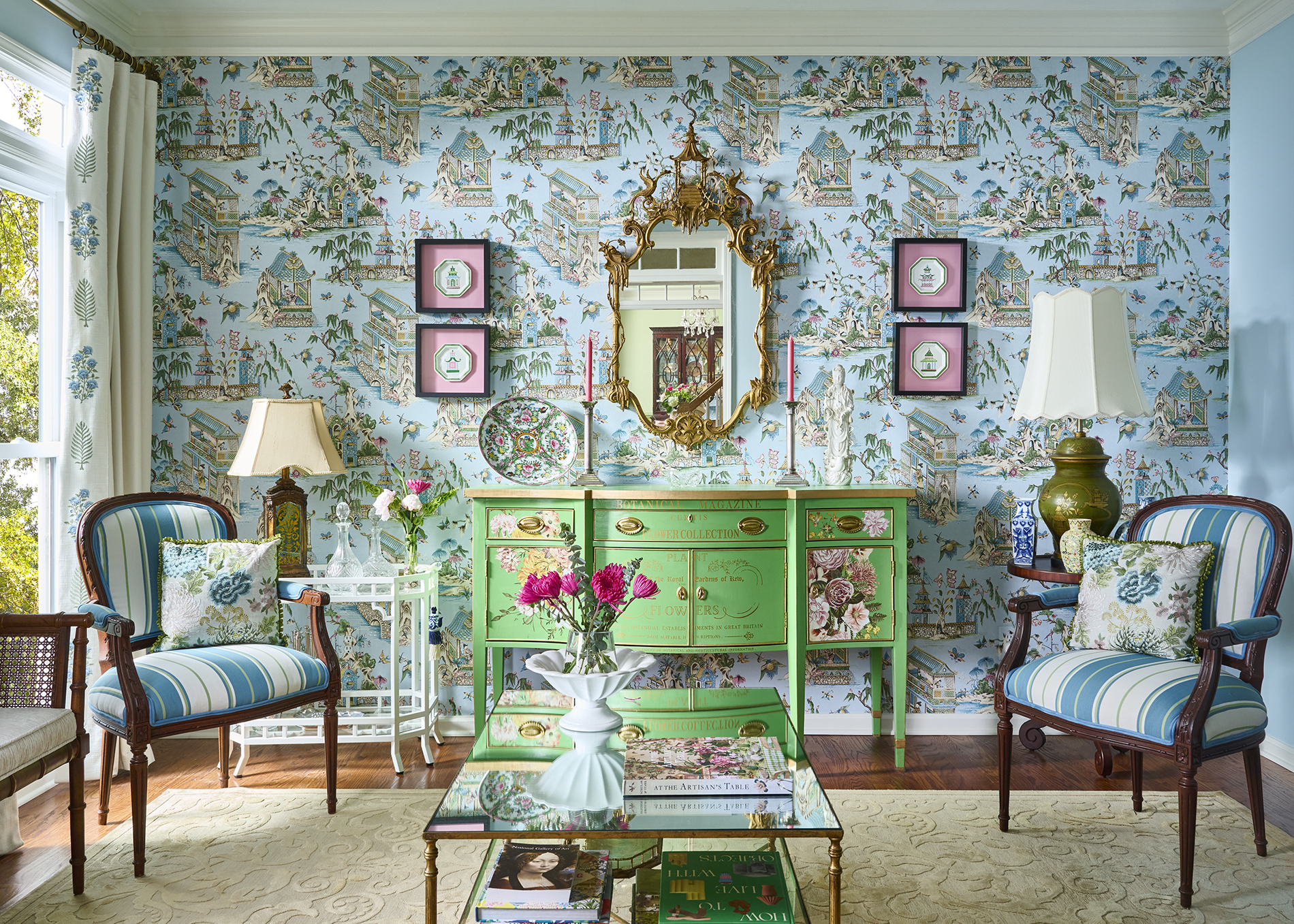 Living Room — Chinoiserie wallpaper & layered furnishings